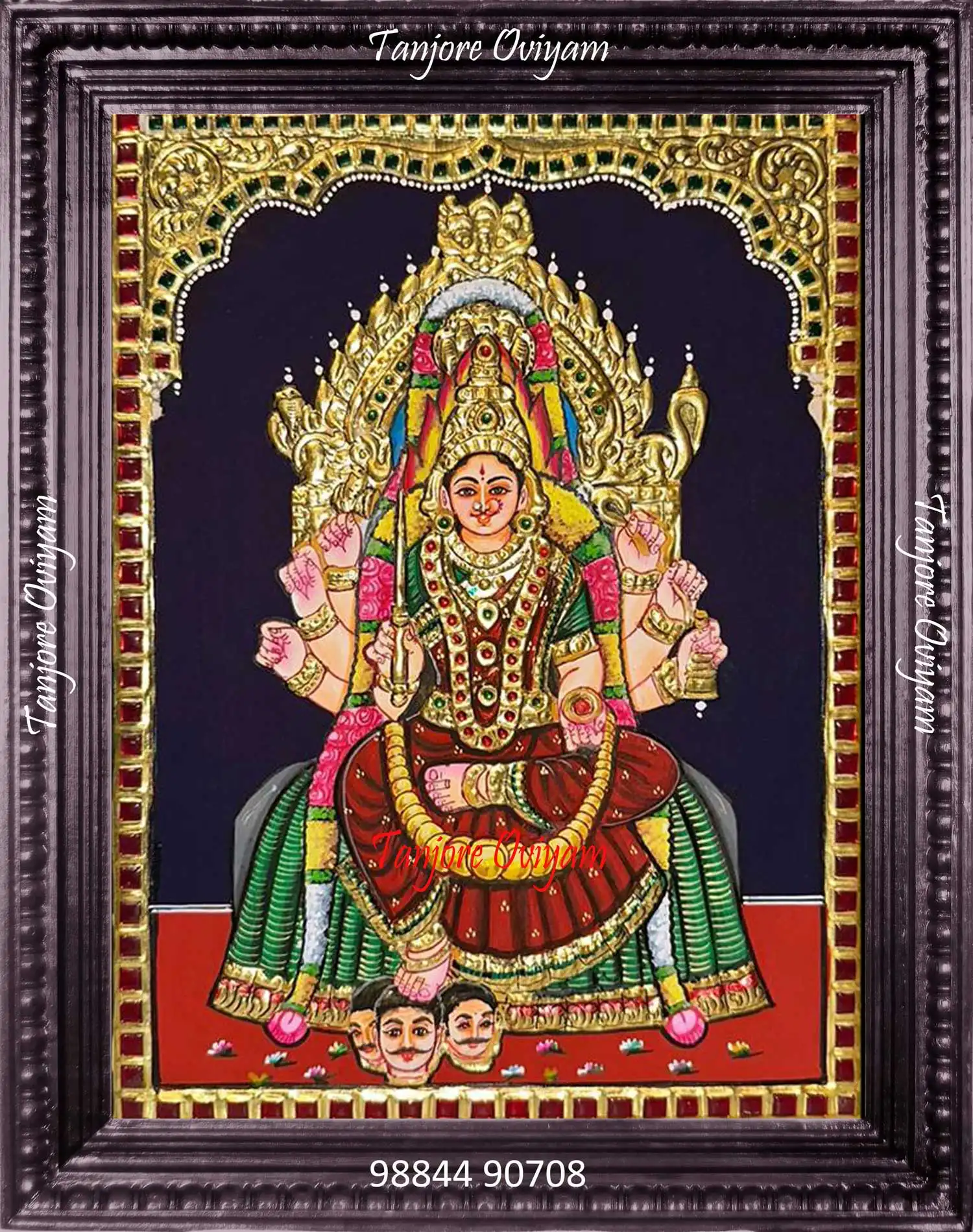 Samayapuram Mariamman Tanjore Painting showing Goddess Mariamman in multi-armed Durga form seated on a golden throne, handcrafted in traditional Thanjavur gold foil art